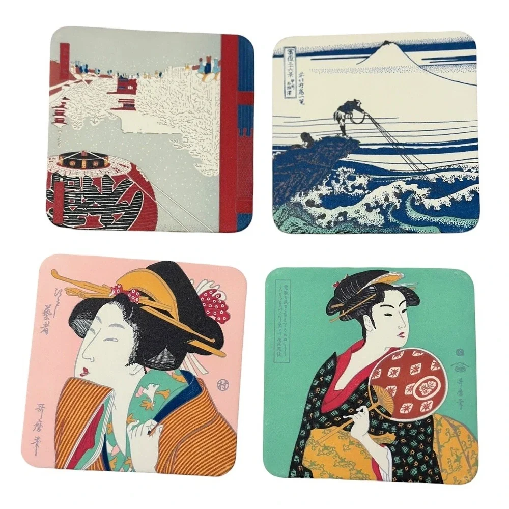 Japanese Ukiyoe Coasters Set Fine Art Woodblock Prints Mount Fuji Geisha Samurai